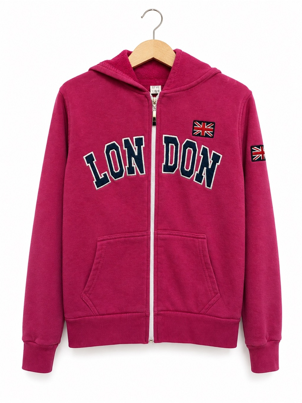 London Girls 9/10 Pink Union Jack Applique Full Zip Souvenir Hoodie UK
